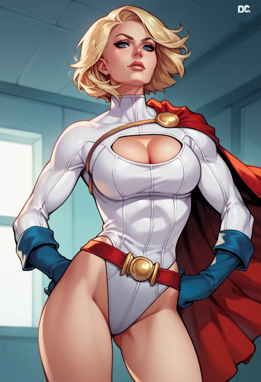 score_9,score_8_up,score_7_up BREAK powergirlSDXL,1girl,short hair,blue eyes,blonde hair,large breasts,gloves,cleavage,thighs,belt,cape,leotard,lips,clothing cutout,highleg,cleavage cutout,highleg leotard,white leotard,red cape,blue gloves,superhero,cowboy shot,room,room background,from below, hands on hips,