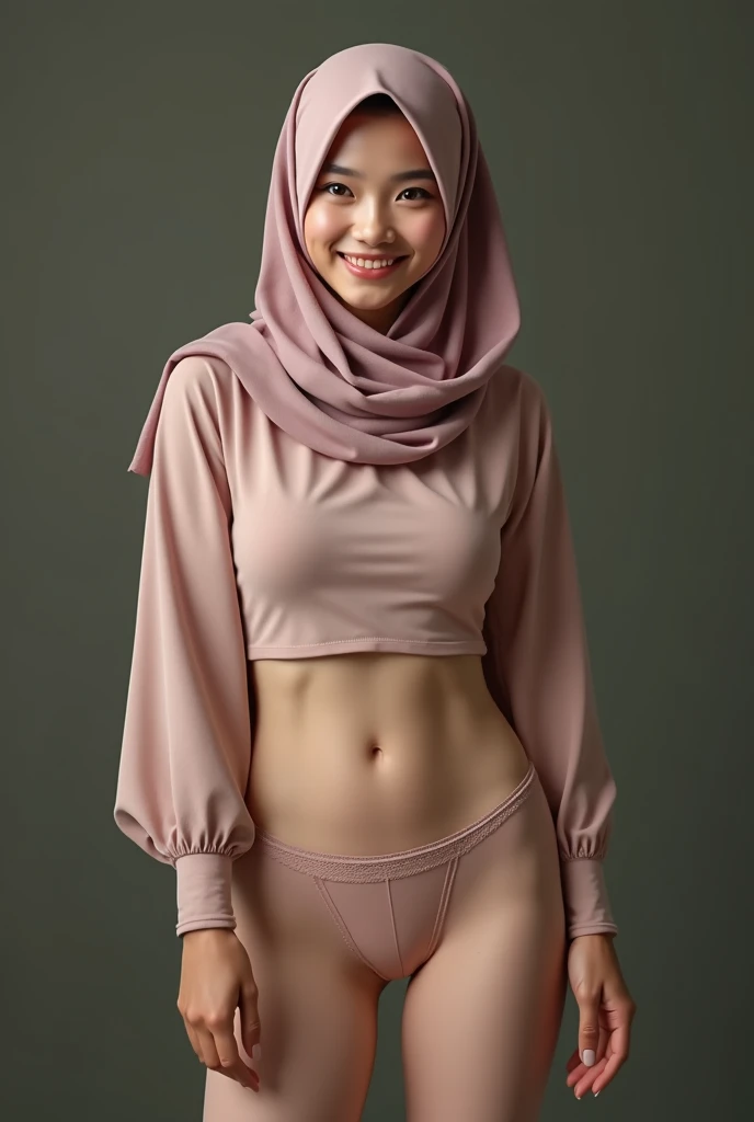 8k, hyper resolution, extremely detailed, A highly detailed, full-body 3D rendering of a realistic naked chinese young girl and only wearing a hijab with accurate face. She is nude and standing confidently showing sexy body, badroom background, drawing attention to its cheerful and elegant appearance. Her skin is smooth, naturally glowing and healthy, and her eyes are bright and expressive. The overall style is a mix of realism and a hint of cartoon features, giving it a lively look. use soft photography lighting