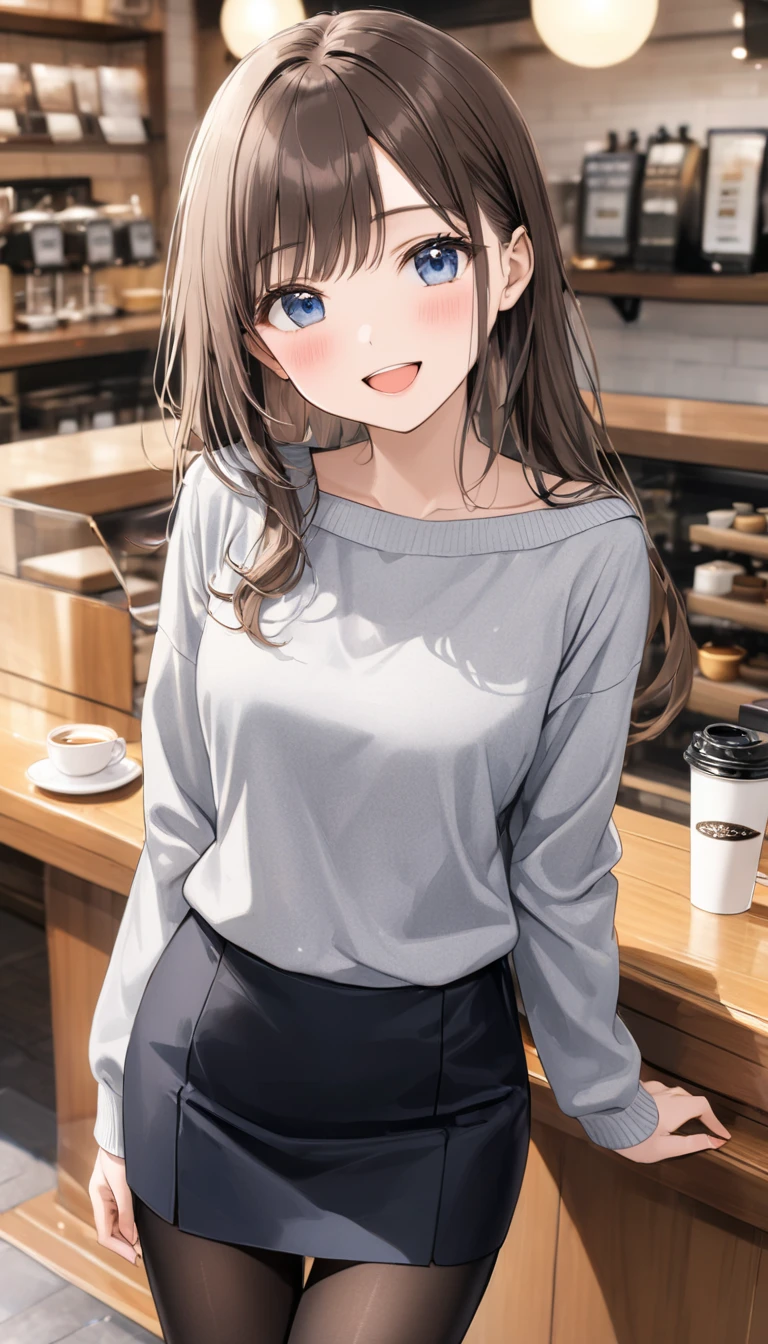 full body, 、masterpiece,  best quality, Thin legs、 smaller breasts,  beautiful details , Fine texture, Fine skin, 25 year old girl, Alone, Happy smile, blush, open mouth,  deep blue eyes, Brown Hair,   long hair,  Right-parted bangs,  Long Sleeve , ((白い boat neck)), ((Grey suit jacket),  Open Jacket :0.2, ( black pencil skirt ),  black pantyhose, heel,   indoor, Cafe,  blurry background,