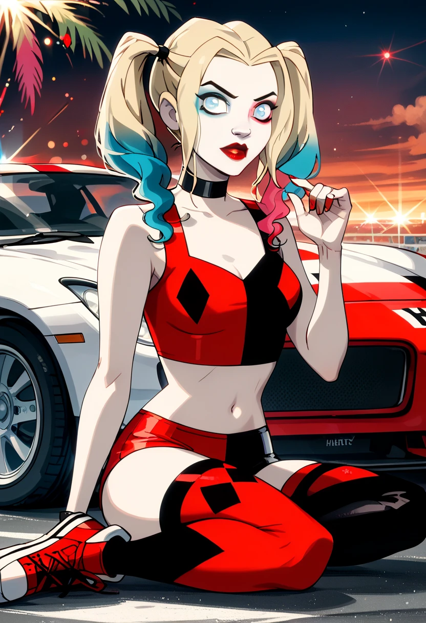 score_9, score_8_up, score_7_up, score_6_up, rating_questionable, 1girl, solo (Harley Quinn, twintails, multicolored hair, blonde hair, blue eyes, black choker, makeup, lipstick, red lips, race queen:1.4), wearing (shorts, crop top, thigh highs, sneakers:1.3), midriff, navel, car, motor vehicle, confident, seductive, elegant, glamorous, sexy pose, model pose, sexy pout, (sunset:1.1), shallow depth of field, highly detailed, bokeh, moody, gorgeous, film grain, grainy (Hand, detailed, perfect, perfection, hands:1.2), perfect hands, perfect proportions, highly detailed face, highly detailed eyes, (detailed background).