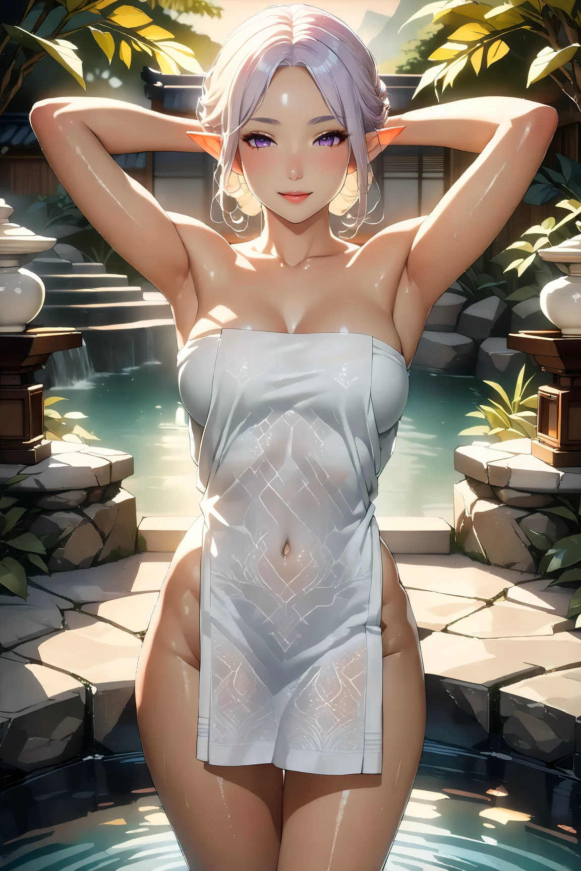 (masterpiece, ultra quality, official art, 8k, beautiful and aesthetic, extreamly detailed:1.3), (1 elf lady), solo, (cowboy shot:1.3), (Scenery of hot spring), anatomically correct, absurdres, (well-defined facial features, perfectly proportioned face, graceful and symmetrical features, radiant and healthy glow, fine details and realistic textures, ultra detailed face, delicate facial features:1.4), cool beautiful elf, elfin ears, shiny platinum hair, purple eyes, (white bath towel rapping:1.3), closed eyes, smile with satisfaction, (lips), (arms up1.6),