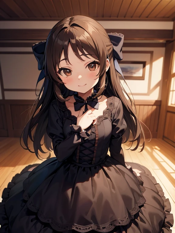 masterpiece,  best quality, Arisu Tachibana, Alone, ( smaller),  Brown Eyes , brown hair, HALF UP, hair bow,
 smile,  standing,  Gothic Lolita , indoor,