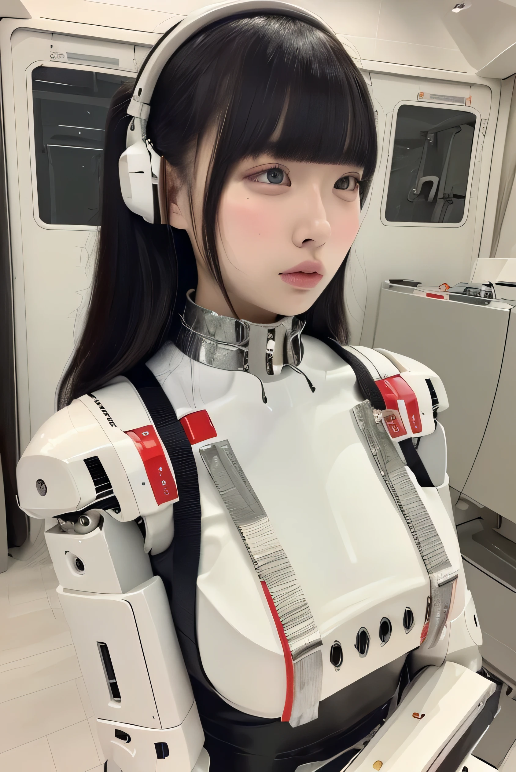 masterpiece, best quality, extremely detailed,portrait,upper body,front view,Japaese android girl,Plump, control panels,android,Droid,Mechanical Hand, Robot arms and legs,Blunt bangs,long tube,thick cable connected her neck,