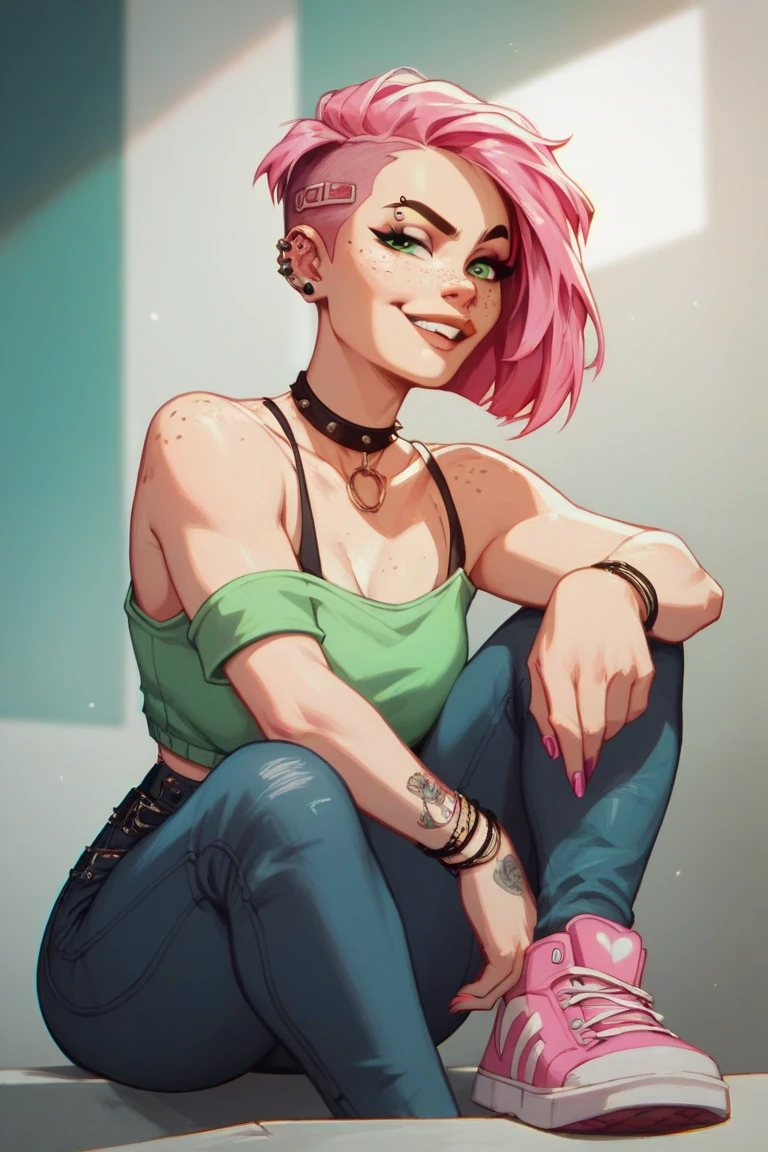 woman pink hair  cut in a choppy, face-framing bob, freckles, piercing in her left eyebrow, A cropped band tee, high-waisted black jeans with strategic rips, and a pair of neon green high-top sneakers.