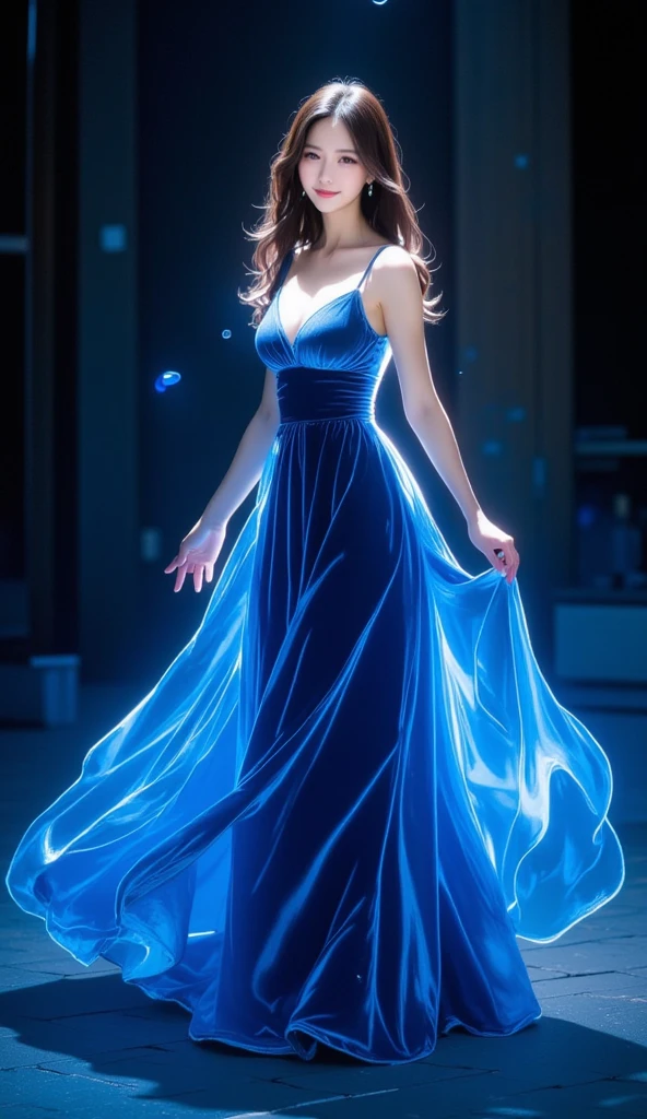 Impressionist painting of a stunning beautiful Asian woman, wearing a blue velvet dress, in a dark room, graceful movements, disintegrated details, rhapsody in blue, ultra detailed, intricate textures, glowing inverted color effects on the left, glowing lines, inverted outlines, shine, glow, ethereal atmosphere, in the style of Monet, Impressionism, soft brushstrokes, dramatic lighting, and a captivating blend of elegance and mystery