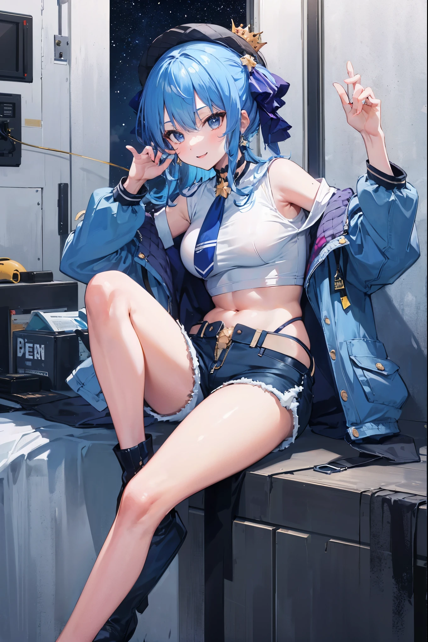 (8k、Best image quality、highest quality)、Detailed face、 1teen_girl、Blue Hair、Long Hair、sideponytail、dark_blue_eyes、smile,(peek_navel:0.7),(small_breasts:0.8),(White_T-shirt:1.3)、Off_shoulder、Black shoulder straps、(open_front_shorts,denim_short_shorts:1.2)、City Background, starry_sky_landscape ,hoshimachi suisei, (belly_button:1.2),nihil,solo,stargaze,girl_looking_up_sky,slender,solo,boots,abs, tight_waist, point_to_sky,slender_thighs,knees