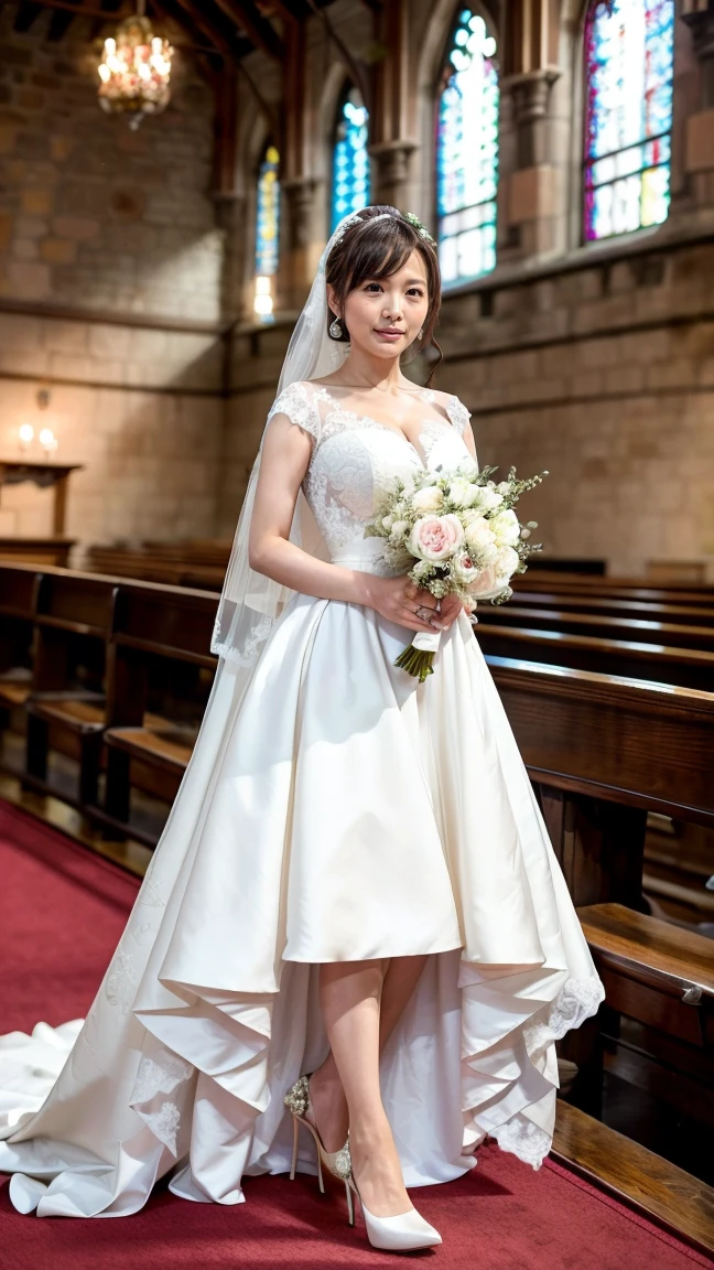 A beautiful young Japanese woman, 26 years old, with healthy thighs, beautiful legs, flawless skin, random hair color and style, large breasts, wearing a (wedding dress:1.3), full body shot, high heels, holding a bouquet in her hands, in a church setting, (best quality,8k,masterpiece:1.3),(extremely detailed:1.2),perfect anatomy