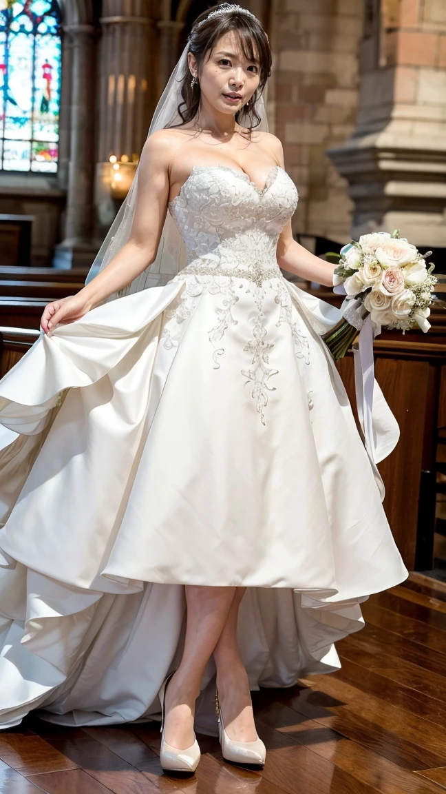 A beautiful young Japanese woman, 26 years old, with healthy thighs, beautiful legs, flawless skin, random hair color and style, large breasts, wearing a (wedding dress:1.3), full body shot, high heels, holding a bouquet in her hands, in a church setting, (best quality,8k,masterpiece:1.3),(extremely detailed:1.2),perfect anatomy