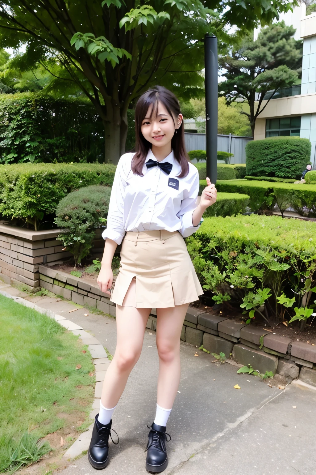 Highest quality、、masterpiece、Real：1.3 )、( A classical and elegant garden with a castle as a backdrop )、( Very high quality deep background : 1.2 )、Natural bright sunlight、Blue sky、smile、Beautiful woman with perfect figure：1.4、Highly detailed face and skin texture、Detailed eyes、double eyelid、Very far : 1.2 、The whole body is visible、White and black maid、Ruffled blouse、Ruffled mini skirt、Ribbon tie、apron、High heels 、((( Lift skirt to show off panties : 1.3 )))。((Thighs))、Red lipstick、Backwards、