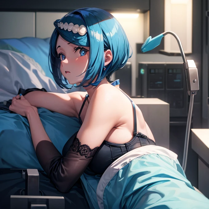 Erotic Cat Cosplay、Cat ear、Glamorous expression、cat cosplay、short hair、On all fours、Cute underwear、Embarrassed、Light blue hair、White bra、White panties、Lie down on the bed、Blushing、Bedroom
