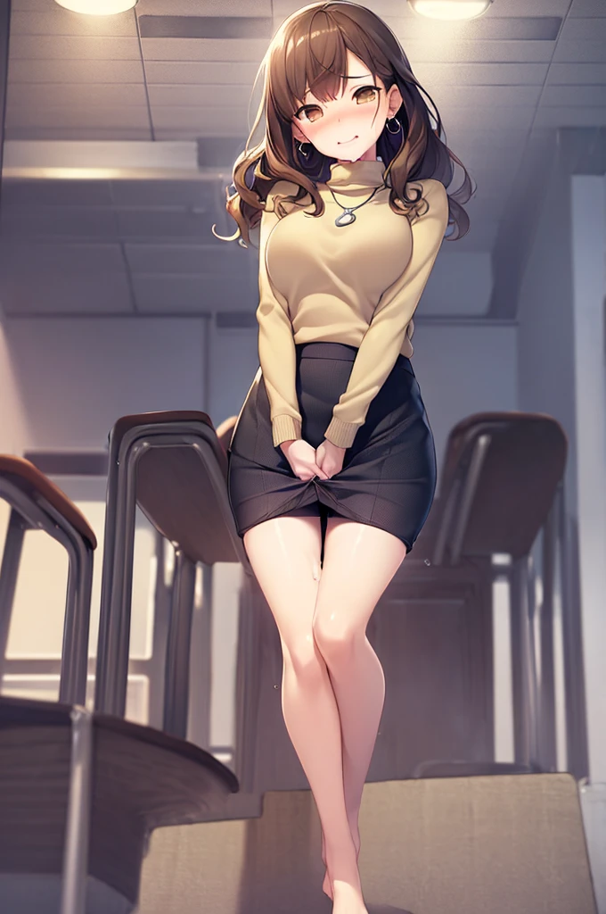 (table top, highest quality, High resolution, , perfect pixel, 4k,), 1 girl, single, alone, beautiful woman、I could see the whole body、 ((middle wavy hair, bangs, brown hair)), ((brown eyes, beautiful eyelashes, realistic eyes)), ((detailed face, blush:1.2)), ((smooth texture:0.75, realistic texture:0.65, realistic:1.1, Anime CG style)), medium breasts, dynamic angle, perfect body, ((, female teacher, , earrings、necklace、Beige Turtleneck Sweater、Dark blue flared skirt、black pantyhose、school stairs、The wind flips my skirt、I can see black panties、shy smile,shameful)), upward glance、(you have to pee:1.1), (Only one person is peeing:1.1), thighs are peeing (want to pee:1.2), one hand between the legs, (skirt lifted:1.2), (in the crotch:1.5), (in the crotch:0.9), (in the crotch:1.5), (in the crotch:1.4), (shame:1.5), (shame:1.7), (wrinkles:1.4), (wrinkles:1.4), (wrinkles:1.4), (wrinkles:1.3), (wrinkles:1.3), cracked lips, (wrinkles:1.2), (crisis:1.1), (crisis:1.1), (difficult), (difficult), (sides), (difficult), (difficult), (difficult), (difficult), (sides), 、、evening、classroom、(erotic waist twist:1.3), (pantings:1.4), erotic feeling (closed eyes and closed:0.8) 、(wetting magnet:1.5) 、show one's bottom 、 ( look back、angle from below)、come to the climax, dildo, masturbation, Shudder.