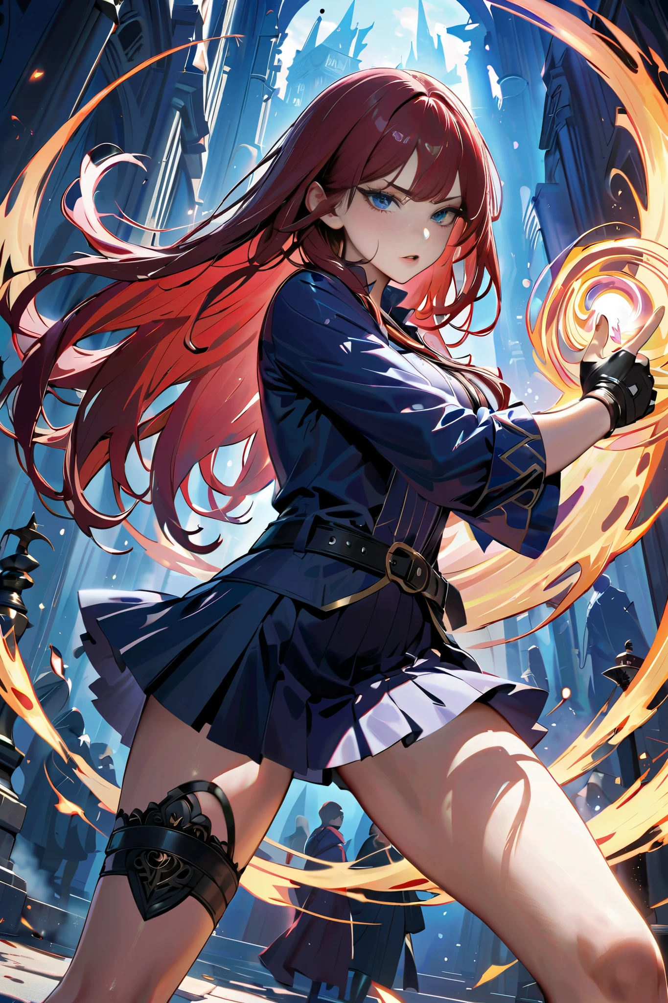  wizard using flame magic, finger gun,fingerless gloves, magic activation, action, dynamic composition, Dynamic composition,dutch angle,Miniskirt,hand,Beautiful thighs,{{fight}},{{masterpiece}}, {{{Highest quality}}},{{Very detailed}},Straight hair,Long hair ,Red Hair, blunt bangs,Blue eyes