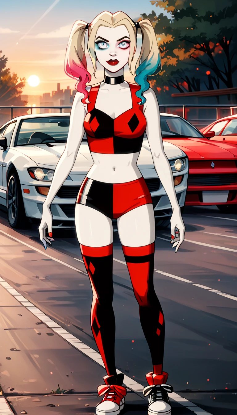 score_9, score_8_up, score_7_up, score_6_up, rating_questionable, 1girl, solo (Harley Quinn, twintails, multicolored hair, blonde hair, blue eyes, black choker, makeup, lipstick, red lips, race queen:1.4), wearing (shorts, crop top, thigh highs, sneakers:1.3), midriff, navel, car, motor vehicle, confident, seductive, elegant, glamorous, sexy pose, model pose, sexy pout, (sunset:1.1), shallow depth of field, highly detailed, bokeh, moody, gorgeous, film grain, grainy (Hand, detailed, perfect, perfection, hands:1.2), perfect hands, perfect proportions, highly detailed face, highly detailed eyes, (detailed background).