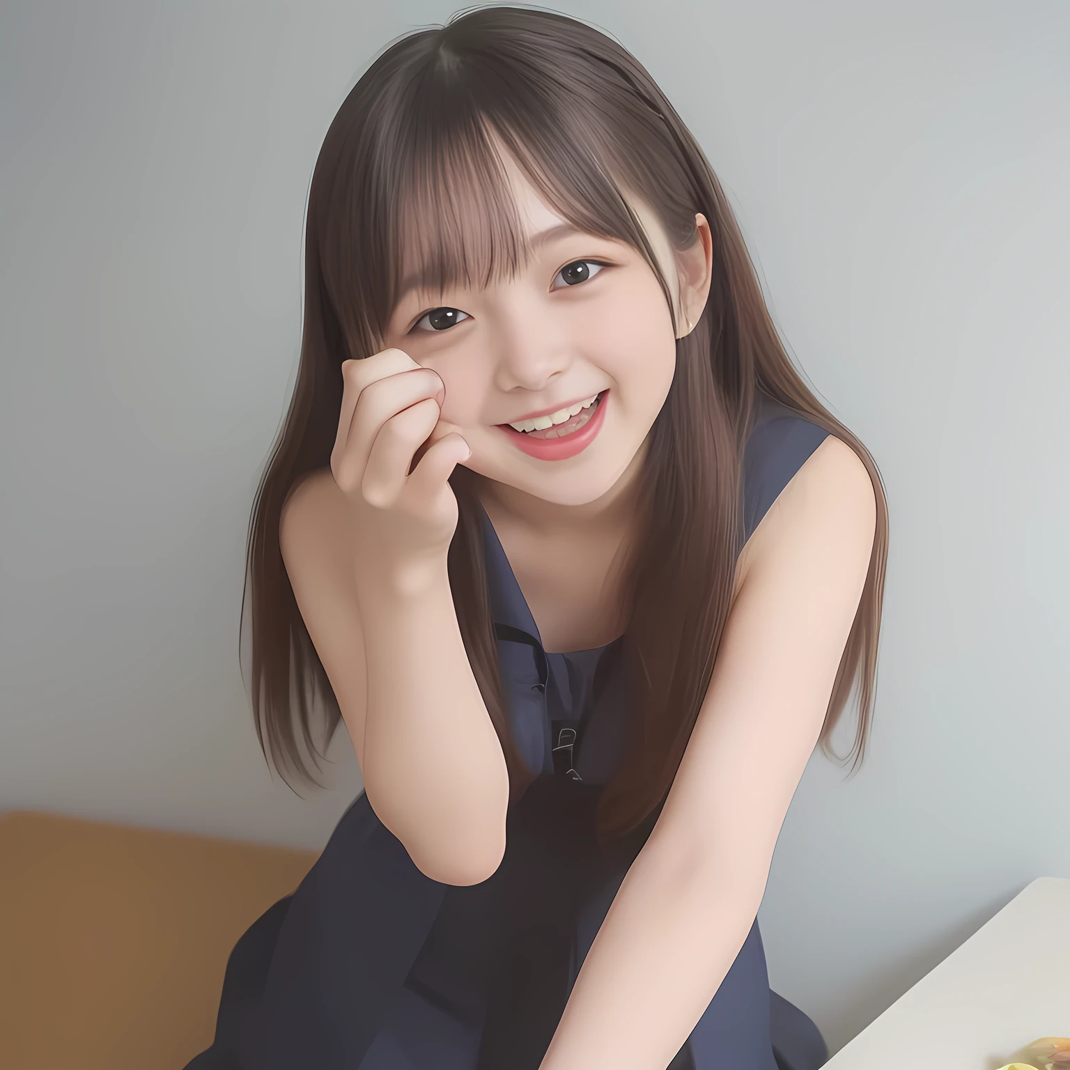 (Highest quality, masterpiece:1.2), Highest quality, High resolution, 1080P, 8k, (Two 14yo Japanese beautiful girl idols are seated and giving strong subliminal sexual invitation and temptation, undressing navy uniform, cute skirt with beautiful knees, looking at the viewer, can't stop showing cute smile open mouth because of feeling too funny about the viewer, very white-white face, very proud of her long straight black hair, using face-whitening cosmetics, 14yo girl's eyes, opened laughing giggling most open mouth, too expensive navy sailor-styled school uniform, well-straitened super-long well-trimmed long hair, evenly neatly trimmed girly cute bangs: 1.5), (white shoulders: 1.7), (Laughing blushed cheeks with dimples), (Well-balanced, impressive, very intelligent, double-eyelids, black shining large eyes of 14yo young idol with detailed: 1.5), ((Beautiful well-figured glossy opened laughing lips: 1.2)), (mature breast), (The viewer can't stop madly kissing them because of her beauty and subliminal strong invitation), (Very beautiful, super-glossy, cute neat black amazingly long hair, straight well-done long hair-style: 1.3), (plain blue background: 1.6), (((Completely balanced beautiful big cool eyes, looking coldly at me!: 1.3))), (eyes, face and hair are especially beautifully detailed and beautifully drawn: 1.5), (The soft white light clearly shows her face extremely white: 1.2), (the viewer burst everything to her: 1.2), (School uniform, too-cute slender 14yo super-long-hair Japanese beautiful-young-girl idol twins are laughing and undressing, super-widely open laughing mouth like eating the viewer, everything is girly, neat and too beautiful: 1.6), (Super long hair 14yo super-cute-face navy-sailor-suit school-uniform pretty young idol of school idol photo magazine, is undressing the viewer, height: 158cm: 2.1), (Inevitable subliminal invitation and temptation to the eternal deep deep unreal pleasure world of full girls: 2.0)