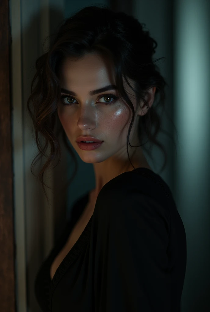 femme fatale, brunette with blue eyes