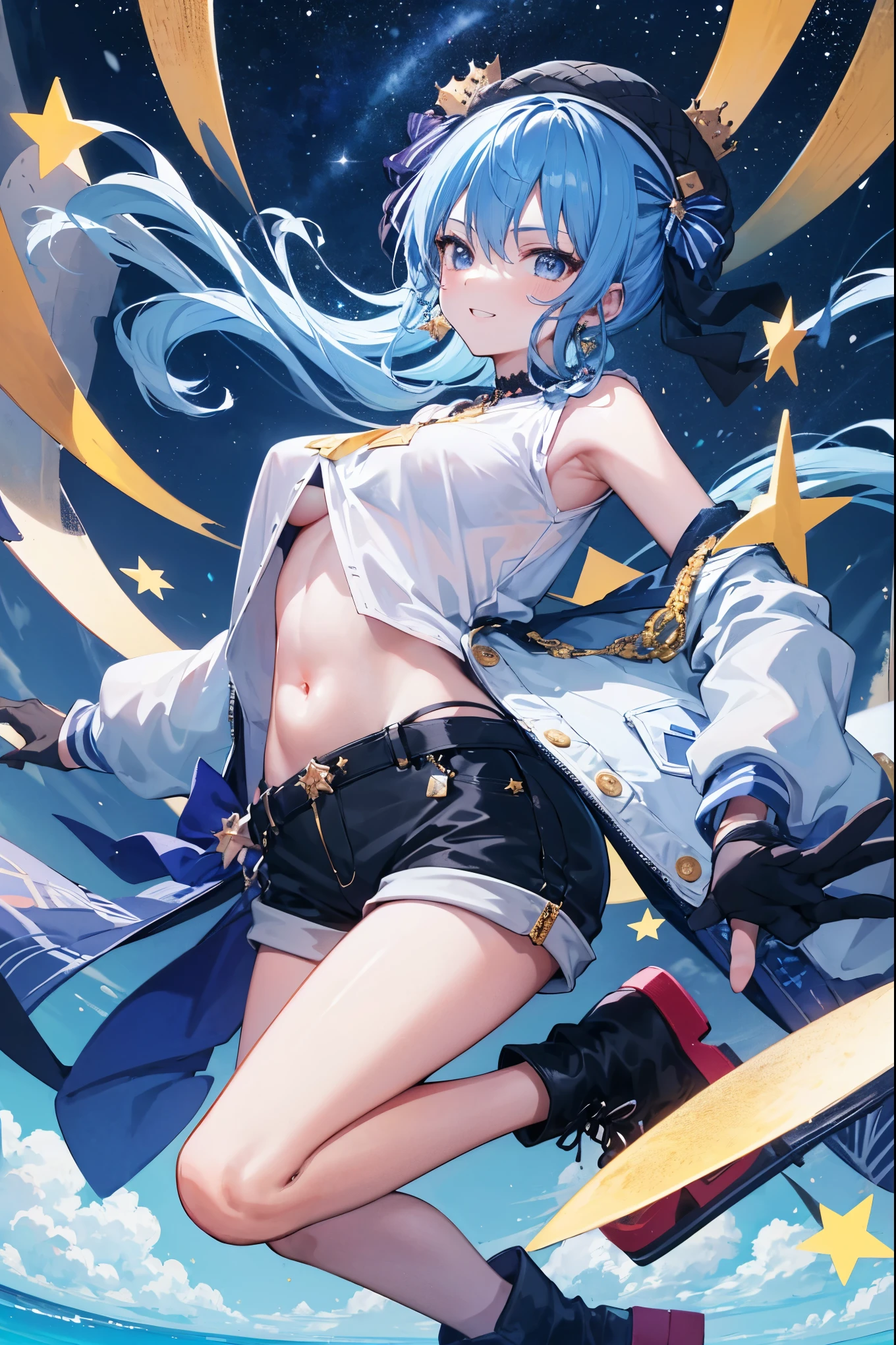 (8k、Best image quality、highest quality)、Detailed face、 1teen_girl、Blue Hair、Long Hair、sideponytail、dark_blue_eyes、smile,(peek_navel:0.7),(small_breasts:0.8),(White_T-shirt:1.3)、Off_shoulder、Black shoulder straps、(open_front_shorts,denim_short_shorts:1.2)、City Background, starry_sky_landscape ,hoshimachi suisei, (belly_button:1.2),nihil,solo,stargaze,girl_looking_up_sky,slender,solo,boots,abs, tight_waist, point_to_sky,slender_thighs,knees