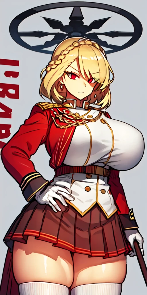 (Matte texture), (cowboy shot:1.1), 1 woman, (blonde hair), (short bob), (red eyes), (long eyelashes:1.1), (sharp eyes), (detailed eyes:1.1), (sensual body),  (gigantic breasts:1.3), (thick thigh:1.3), (wide hip), (military uniform, pleated skirt), (simple white background),  masterpiece, high quality, high detail