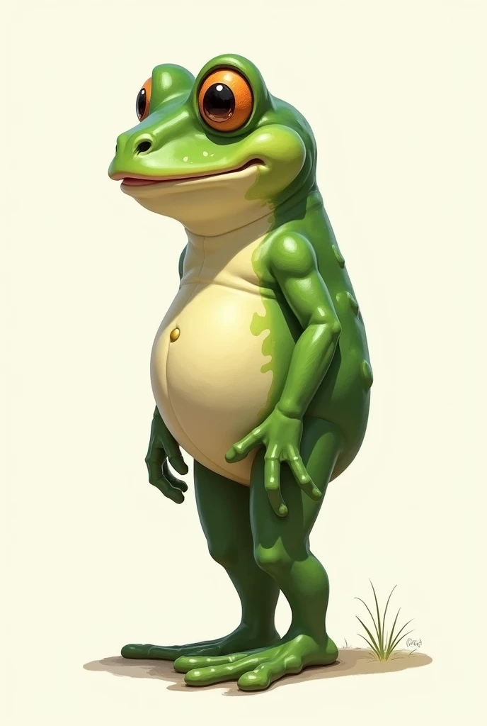 Caricature of a green realistic frog, standin in his two legs, muscular body, with a cigar in his mouth
