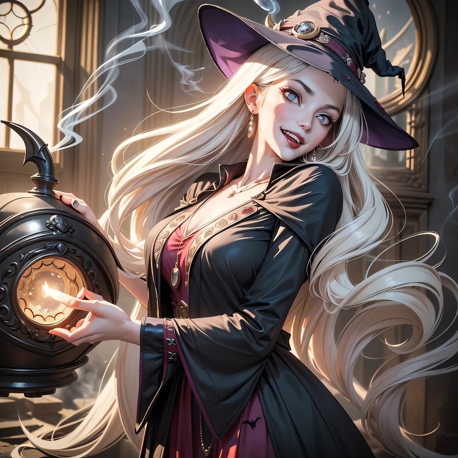 Beautiful sexy witch, long hair dancing dance, holding small objects with hair instead of hands, corset, ethnic jewelry, bats, tame monster on a leash, skin, witch in witch's lair, beautiful femme fatale in witch costume brewing witchcraft potion, interior decoration of a village house, a huge cauldron of boiling green liquid, many small interior details, bundles of dried grass everywhere, witchcraft potions, old books, gloomy contrasting fiery lighting, gloomy atmosphere of a fairy tale about a witch, like a painting by an old artist, photorealism, like an illustration from a book