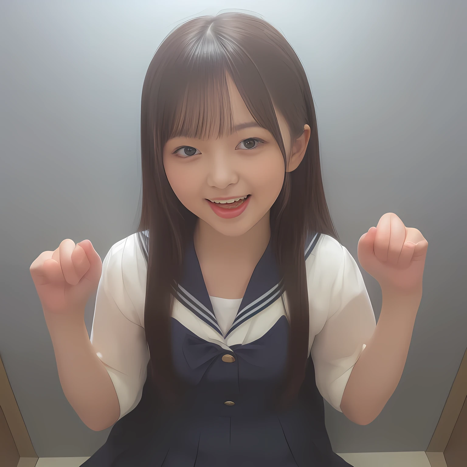 (Highest quality, masterpiece:1.2), Highest quality, High resolution, 1080P, 8k, (Two 14yo Japanese beautiful girl idols are seated and giving strong subliminal sexual invitation and temptation, undressing navy uniform, cute skirt with beautiful knees, looking at the viewer, can't stop showing cute smile open mouth because of feeling too funny about the viewer, very white-white face, very proud of her long straight black hair, using face-whitening cosmetics, 14yo girl's eyes, opened laughing giggling most open mouth, too expensive navy sailor-styled school uniform, well-straitened super-long well-trimmed long hair, evenly neatly trimmed girly cute bangs: 1.5), (white shoulders: 1.7), (Laughing blushed cheeks with dimples), (Well-balanced, impressive, very intelligent, double-eyelids, black shining large eyes of 14yo young idol with detailed: 1.5), ((Beautiful well-figured glossy opened laughing lips: 1.2)), (mature breast), (The viewer can't stop madly kissing them because of her beauty and subliminal strong invitation), (Very beautiful, super-glossy, cute neat black amazingly long hair, straight well-done long hair-style: 1.3), (plain blue background: 1.6), (((Completely balanced beautiful big cool eyes, looking coldly at me!: 1.3))), (eyes, face and hair are especially beautifully detailed and beautifully drawn: 1.5), (The soft white light clearly shows her face extremely white: 1.2), (the viewer burst and run everything to her: 1.2), (School uniform, too-cute slender 14yo super-long-hair Japanese beautiful-young-girl idol twins are laughing and undressing, super-widely open laughing mouth like eating the viewer, everything is girly, neat and too beautiful: 1.6), (Super long hair 14yo super-cute-face navy-sailor-suit school-uniform pretty young idol of school idol photo magazine, is undressing the viewer, height: 158cm: 2.1), (Inevitable subliminal invitation and temptation to the eternal deep deep unreal pleasure world of full girls: 2.0)