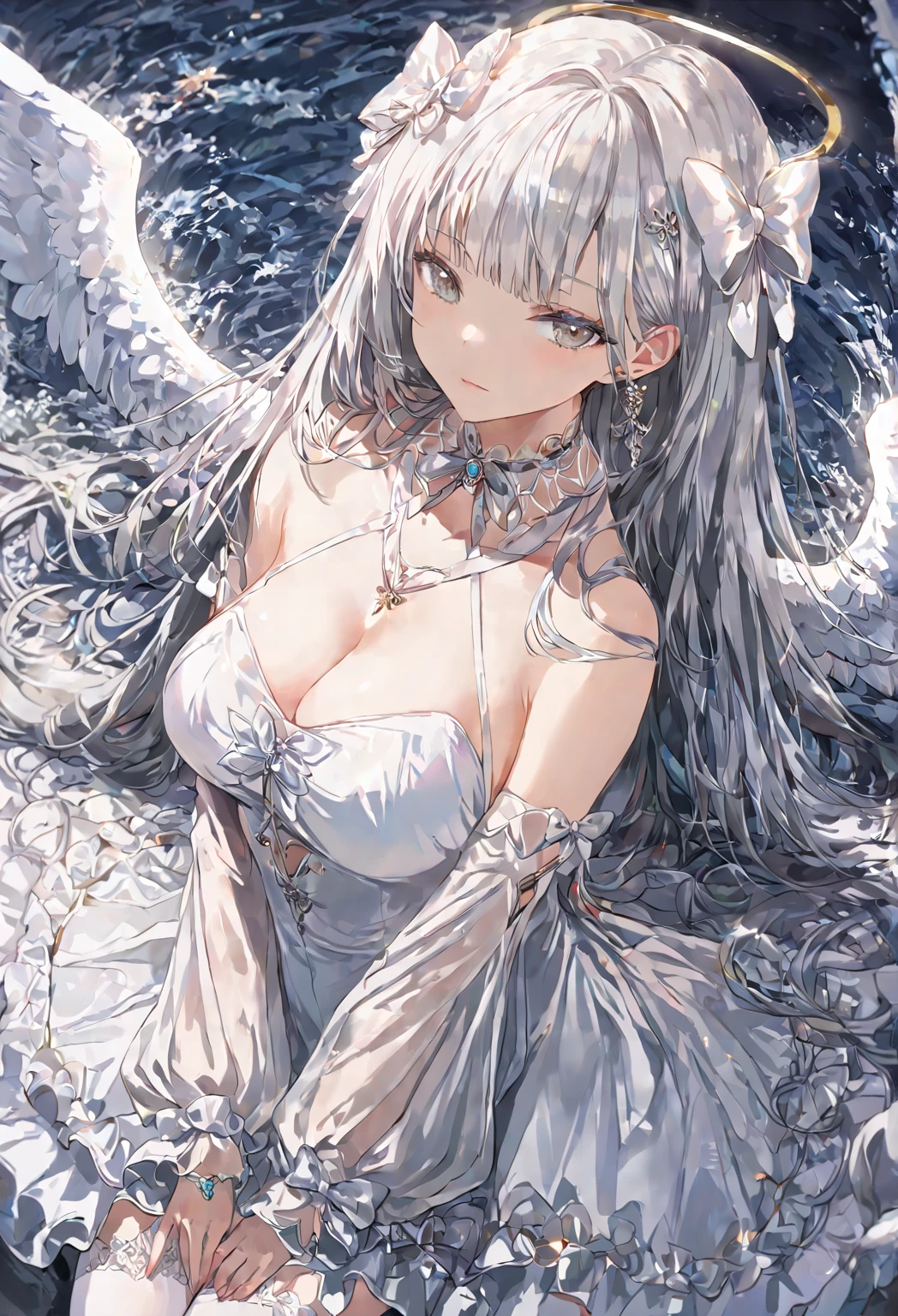 1 girl, solo, angel,
sexy, glossy skin, shiny skin, big breasts, thick thigh, ((White hair)) long hair, very long hair, bangs, grey eyes, perfect eyes,
dress, frills, detached sleeves, wide sleeves, white dress, bare shoulders, bow, white bow, gem, jewelry, thigh highs, white thigh highs, see-through, garter straps, white footwear, high heels, ((White theme)),
closed mouth, expressionless, ((both arms are behind her)), 
full body,
outdoor background,
perfect hand, perfect eyes, perfect posture, perfect anatomy, 
((masterpiece)), 4K, 8K, best quality, score_9, score_8_up, score_7_up, ultra-detailed, ((portrait)),