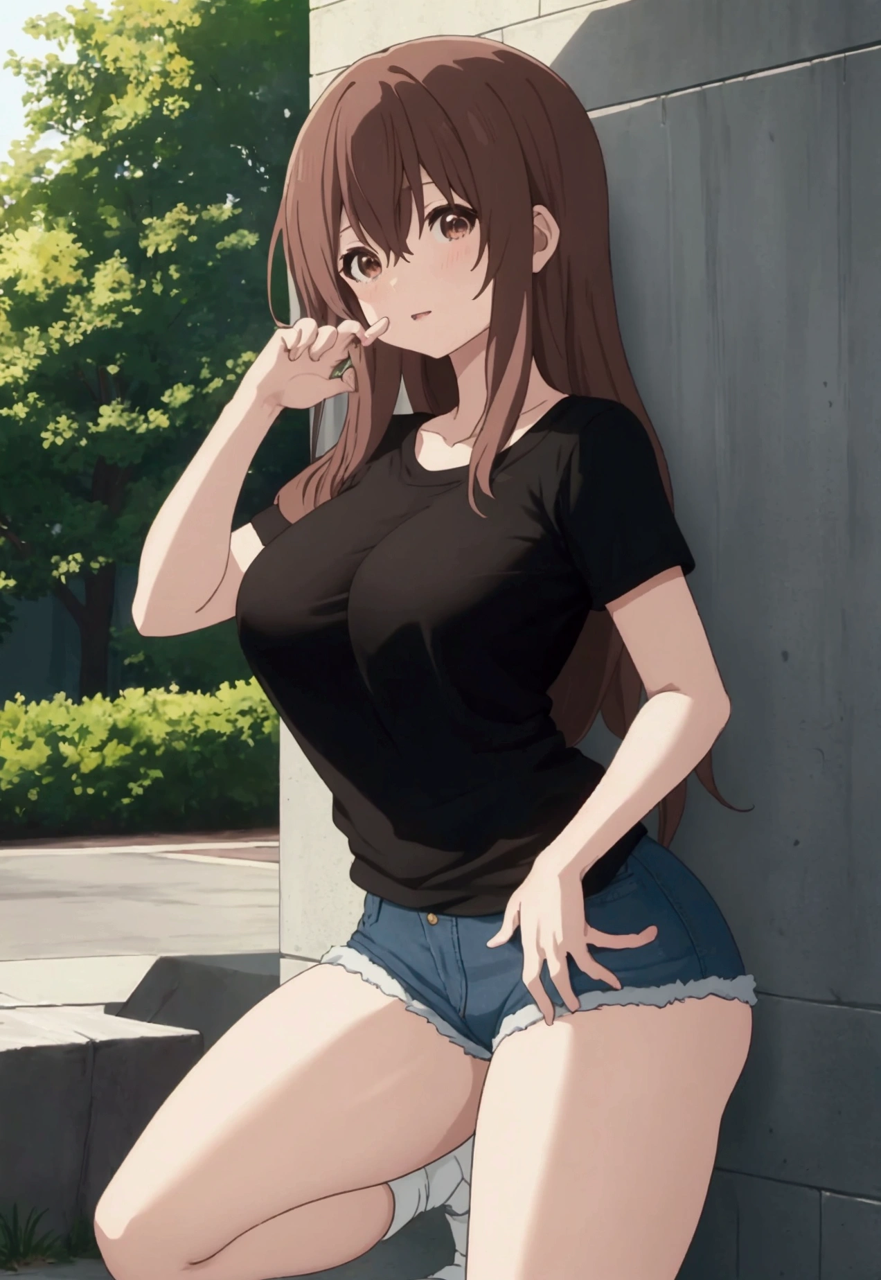 score_9, score_8_up, score_7_up, source_anime,
shoukonishimiya, shouko nishimiya, long hair, brown hair, brown eyes, a girl, looking forward, looking at the viewer, wearing a black t-shirt, short blue denim shorts, standing in a park, has a sexy body, big breasts, black t-shirt thin, big breasts, tight t-shirt, t-shirt reveals her body and breasts, jean shorts it's quite short, the shorts are very tight, the tight shorts squeeze the girl's thick legs, her legs look sexy and arousing, her hands are in the air, her arms are raised up In the second picture, she is making a circle sign with her hand, with a sexy expression on her face, with her tongue stretched out towards her hand with which she is making a circle sign, one leg is stepped forward, the other hand is caressing one of her breasts, she is wearing small pink shoes