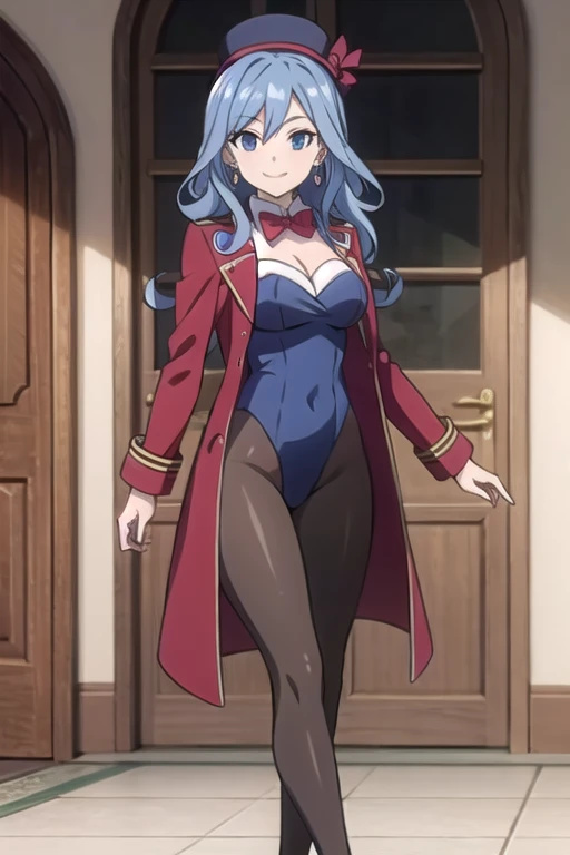 Juvia Lockser, blue eyes, blue hair, long curly hair, mature female, stage, 1girl, solo, smile, red top hat, pink bow, blue hair, long hair, low-tied long hair, blue eyes, earrings, jewelry, long sleeves, red jacket, red coat, red bowtie, red tailcoat, light blue vest, blue leotard, black pantyhose, red high heels