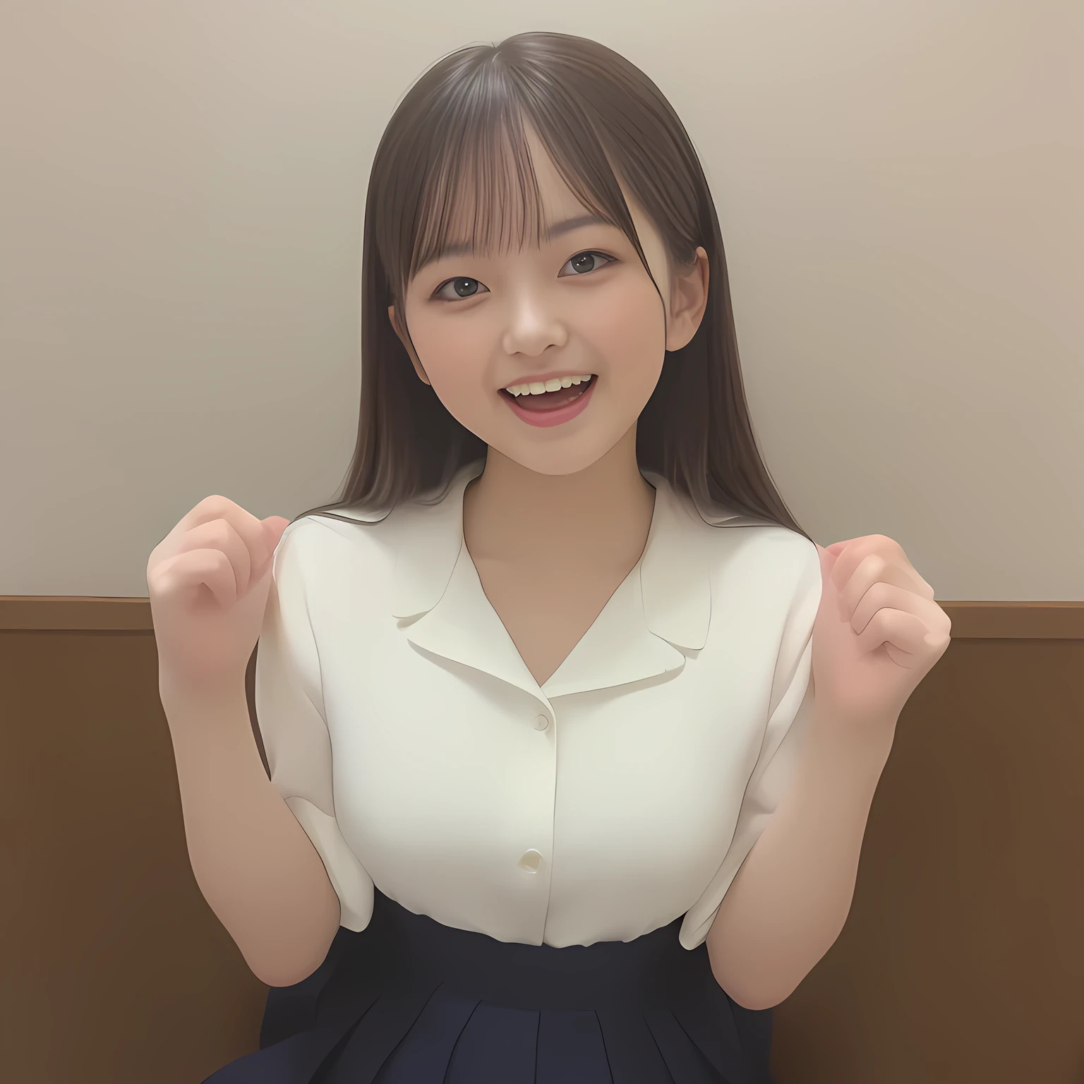 (Highest quality, masterpiece:1.2), Highest quality, High resolution, 1080P, 8k, (Two 14yo Japanese beautiful girl idols are seated and giving strong subliminal sexual invitation and temptation, undressing navy uniform, cute skirt with beautiful knees, looking at the viewer, can't stop showing cute smile open mouth because of feeling too funny about the viewer, very white-white face, very proud of her long straight black hair, using face-whitening cosmetics, 14yo girl's eyes, opened laughing giggling most open mouth, too expensive navy sailor-styled school uniform, well-straitened super-long well-trimmed long hair, evenly neatly trimmed girly cute bangs: 1.5), (white shoulders: 1.7), (Laughing blushed cheeks with dimples), (Well-balanced, impressive, very intelligent, double-eyelids, black shining large eyes of 14yo young idol with detailed: 1.5), ((Beautiful well-figured glossy opened laughing lips: 1.2)), (mature breast), (The viewer can't stop madly kissing them because of her beauty and subliminal strong invitation), (Very beautiful, super-glossy, cute neat black amazingly long hair, straight well-done long hair-style: 1.3), (plain blue background: 1.6), (((Completely balanced beautiful big cool eyes, looking coldly at me!: 1.3))), (eyes, face and hair are especially beautifully detailed and beautifully drawn: 1.5), (The soft white light clearly shows her face extremely white: 1.2), (the viewer is bursting and running everything to her body: 1.7), (School uniform, too-cute slender 14yo super-long-hair Japanese beautiful-young-girl idol twins are laughing and undressing, super-widely open laughing mouth like eating the viewer, everything is girly, neat and too beautiful: 1.6), (Super long hair 14yo super-cute-face navy-sailor-suit school-uniform pretty young idol of school idol photo magazine, is undressing the viewer, height: 158cm: 2.1), (Inevitable subliminal invitation and temptation to the eternal deep deep unreal pleasure world of full girls: 2.0)