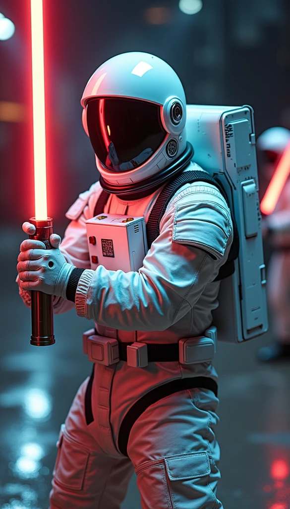  images of astronauts , With lightsaber swords ， Trends in the space station ， Wearing a 90s astronaut shirt ， Comic90 photo art ， urban style ，, gestures are fighting aliens.， costume looks like a hero 