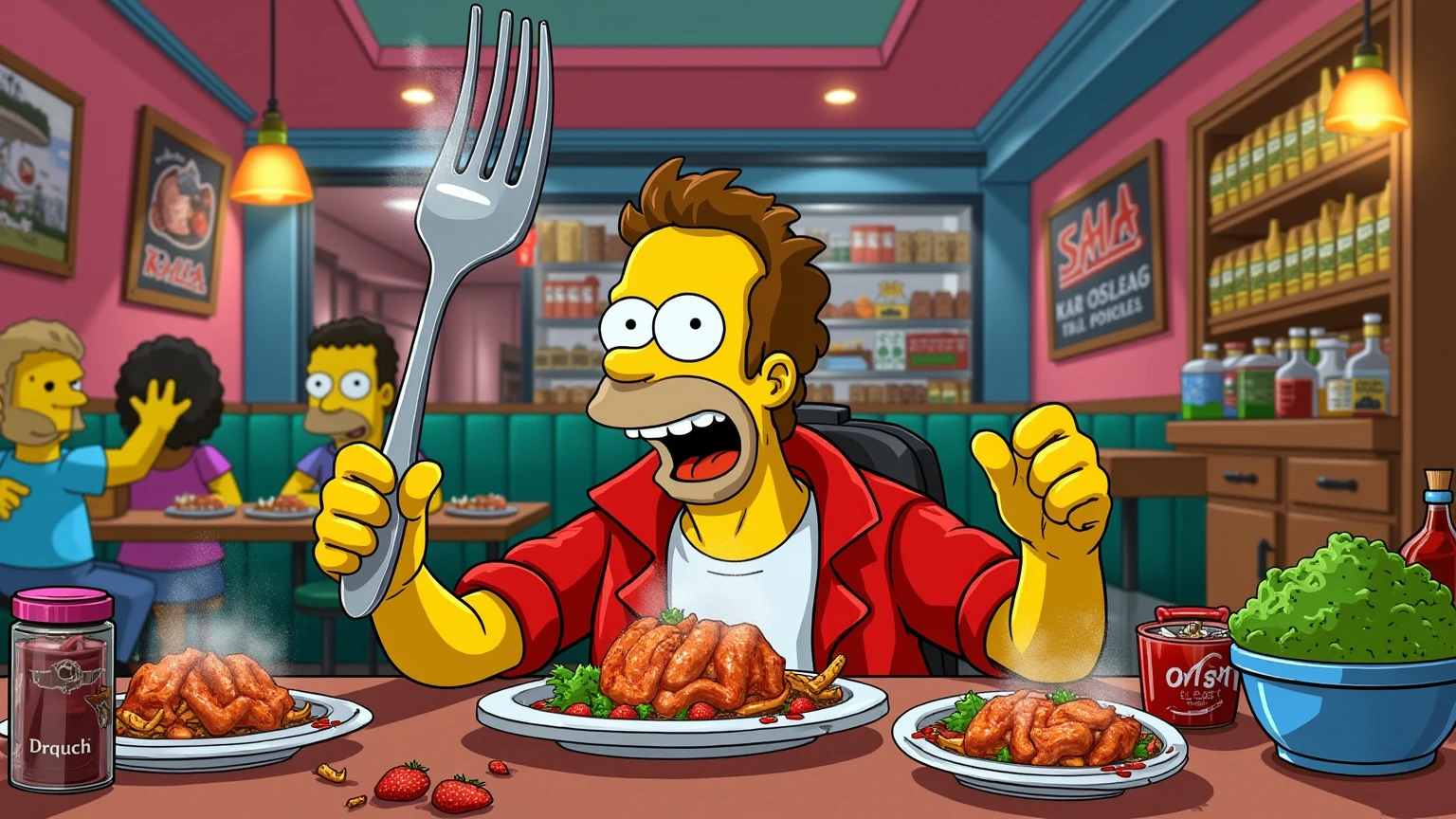 A cinematic scene in The Simpsons style featuring a man seated at a large table loaded with an abundance of cartoonish food dishes. The man is holding a giant fork as tall as himself, raised confidently in the air. The table is surrounded by vibrant details typical of The Simpsons universe: steaming plates of sizzling meats, colorful side dishes, and quirky bottles of sauces. The man has exaggerated features iconic to The Simpsons characters, with a triumphant expression as he enjoys the lively and playful atmosphere. The setting is full of bold, vibrant colors, intricate cartoon details, and the warm glow of a cozy dining environment.
