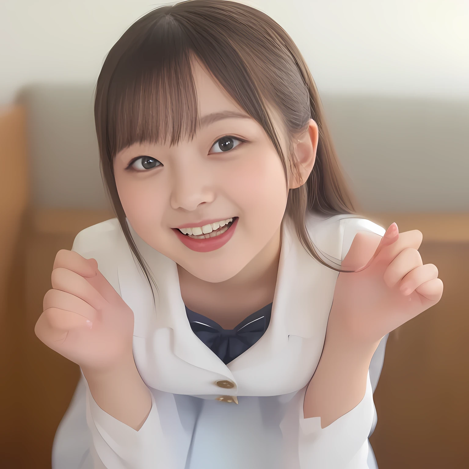 (Highest quality, masterpiece:1.2), Highest quality, High resolution, 1080P, 8k, (Two 14yo Japanese beautiful girl idols are seated and giving strong subliminal sexual invitation and temptation, undressing navy uniform, cute skirt with beautiful knees, looking at the viewer, can't stop showing cute smile open mouth because of feeling too funny about the viewer, very white-white face, very proud of her long straight black hair, using face-whitening cosmetics, 14yo girl's eyes, opened laughing giggling most open mouth, too expensive navy sailor-styled school uniform, well-straitened super-long well-trimmed long hair, evenly neatly trimmed girly cute bangs: 1.5), (white shoulders: 1.7), (Laughing blushed cheeks with dimples), (Well-balanced, impressive, very intelligent, double-eyelids, black shining large eyes of 14yo young idol with detailed: 1.5), ((Beautiful well-figured glossy opened laughing lips: 1.2)), (mature breast), (The viewer can't stop madly kissing them because of her beauty and subliminal strong invitation), (Very beautiful, super-glossy, cute neat black amazingly long hair, straight well-done long hair-style: 1.3), (plain blue background: 1.6), (((Completely balanced beautiful big cool eyes, looking coldly at me!: 1.3))), (eyes, face and hair are especially beautifully detailed and beautifully drawn: 1.5), (The soft white light clearly shows her face extremely white: 1.2), (the viewer can't stop bursting and running everything to her body: 1.7), (School uniform, too-cute slender 14yo super-long-hair Japanese beautiful-young-girl idol twins are laughing and undressing, super-widely open laughing mouth like eating the viewer, everything is girly, neat and too beautiful: 1.6), (Super long hair 14yo super-cute-face navy-sailor-suit school-uniform pretty young idol of school idol photo magazine, is undressing the viewer, height: 158cm: 2.1), (Inevitable subliminal invitation and temptation to the eternal deep deep unreal pleasure world of full girls: 2.0)