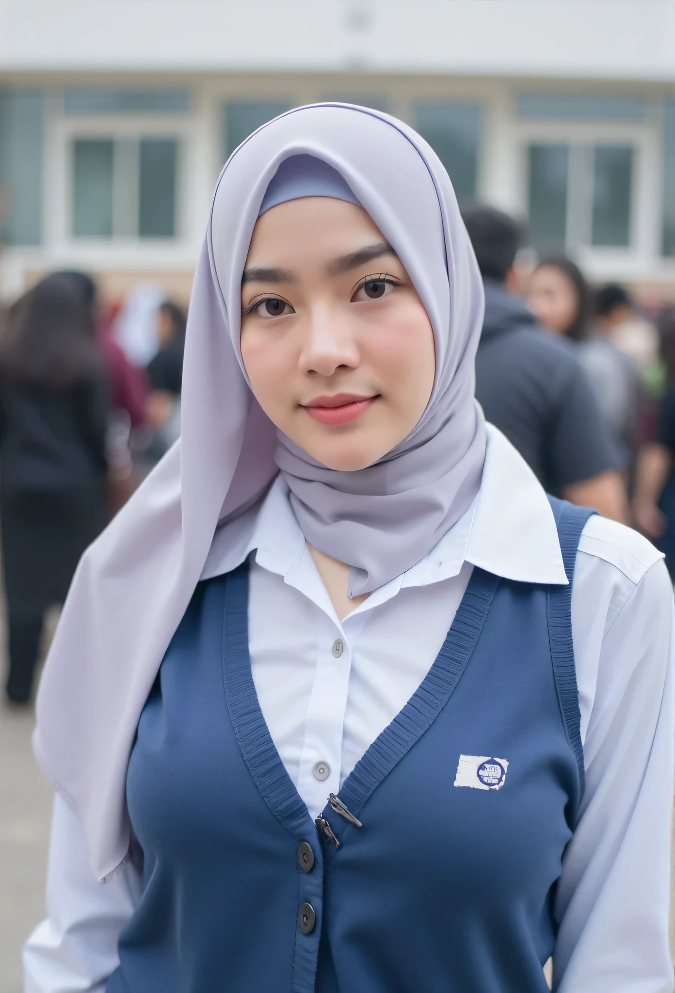 4k, masterpiece, best high quality, ultra-detailed, (ultra realistic:1.3), (clean photo:1.2), (ultra high resuliton:1.3), (soft lighting:1.2), (perfect image coloring), (bright lighting:1.2), indonesian face, beautiful face, perfect indonesian girl, student, aged 20, body plump, chest forward, smooth skin, thin smile, background university campus, lots of people, (A girl wearing full hijab pashmina, campus uniform), full body view photos, high nose, thick lips, (F-Cup huge breasts), randomly pose,  wearing full hijab pashmina, eyeballs wearing eye lenses, bulging eyes