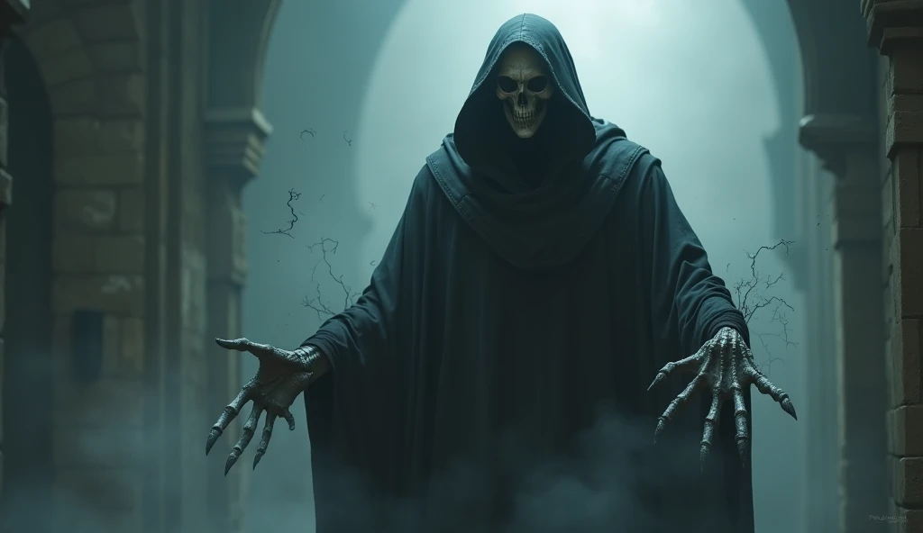the grim reaper's shadow staring and pointing forward, nightmare