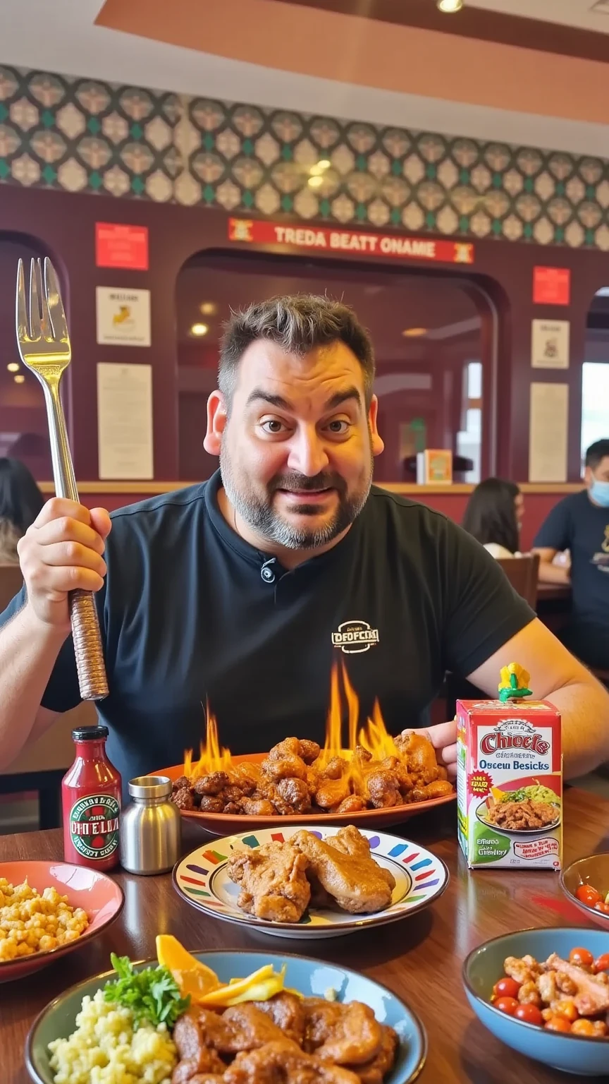 A cinematic scene in The Simpsons style featuring a man seated at a large table loaded with an abundance of cartoonish food dishes. The man is holding a giant fork as tall as himself, raised confidently in the air. The table is surrounded by vibrant details typical of The Simpsons universe: steaming plates of sizzling meats, colorful side dishes, and quirky bottles of sauces. The man has exaggerated features iconic to The Simpsons characters, with a triumphant expression as he enjoys the lively and playful atmosphere. The setting is full of bold, vibrant colors, intricate cartoon details, and the warm glow of a cozy dining environment.
