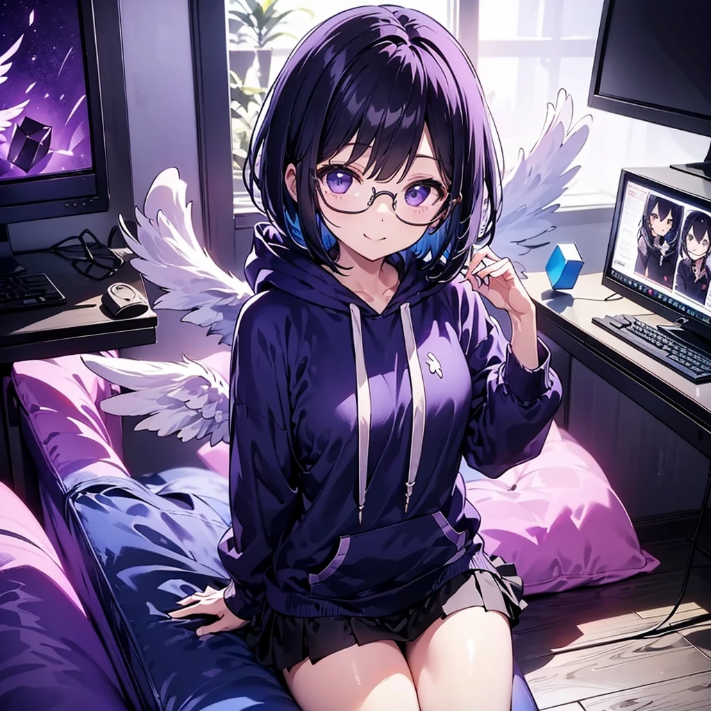 solo1.3、Palms facing up 1.7、 Max Image、Bird's-eye view from above composition 1 .3、Seiko no Hand 1 .3、 black bob cut 、 sitting on the purple cube in front of the monitor 、black simple hoodie and purple mini skirt 1.6、 Fleshy Thighs 1 .3、Angel Girl Sandalphone 1 .4、Confident smile without opening 1 .1、black rimmed glasses 1.4、dark room 1 .6