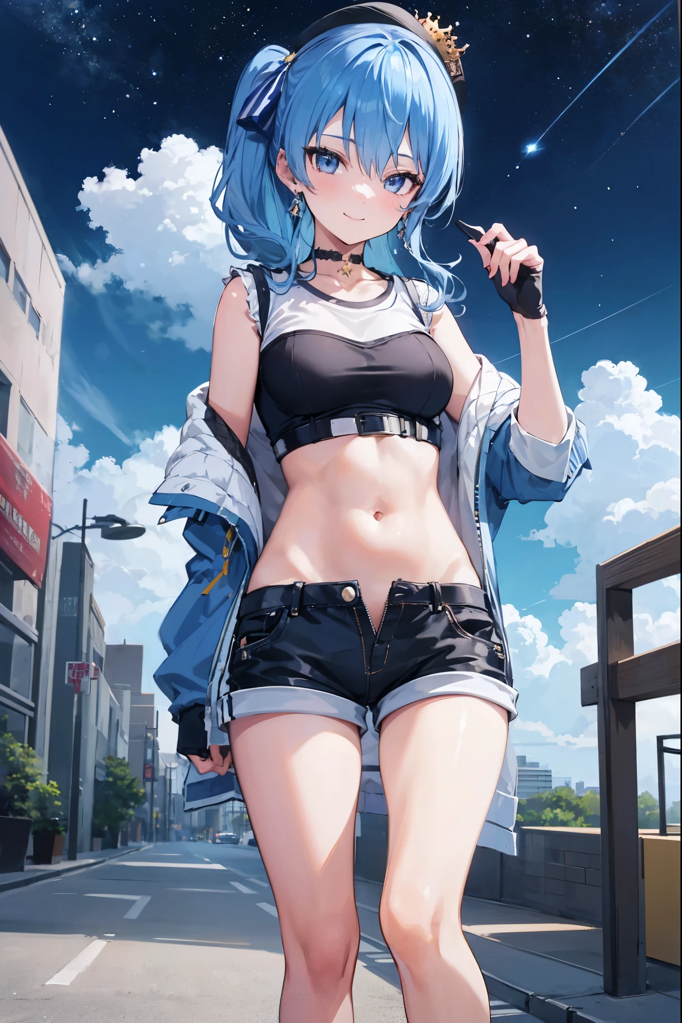 (8k、Best image quality、highest quality)、Detailed face、 1teen_girl、Blue Hair、Long Hair、sideponytail、dark_blue_eyes、smile,(peek_navel:0.7),(small_breasts:0.7),(White_T-shirt:1.3)、Off_shoulder、Black shoulder straps、(open_front_shorts,denim_short_shorts:1.2)、City Background, starry_sky_landscape ,hoshimachi suisei, (belly_button:1.2),nihil,solo,stargaze,girl_looking_up_sky,slender,solo,boots,abs, tight_waist, point_to_sky,slender_thighs,knees