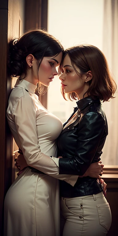 Two beautiful women in long wet business shirts kissing, beide haben lange nasse unordentliche Haare, runde, medium-sized breasts with small areolas, (full entire body), linke Frau dunkel rote Haare, rechte Frau helle Goldene Haare, (Both bodies are wet) schwitzen stark, feucht, shinny skin,