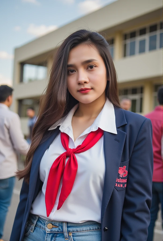 4k, masterpiece, best high quality, ultra-detailed, (ultra realistic:1.3), (clean photo:1.2), (ultra high resuliton:1.3), (soft lighting:1.2), (perfect image coloring), (bright lighting:1.2), indonesian face, beautiful face, perfect indonesian girl, student, aged 20, body plump, chest forward, smooth skin, thin smile, background university campus, lots of people, (A girl wearing campus uniform, cleavage), full body view photos, high nose, thick lips, (F-Cup huge breasts), randomly pose,  wavy hair with side bangs, bright beown hair color, eyeballs wearing eye lenses, bulging eyes