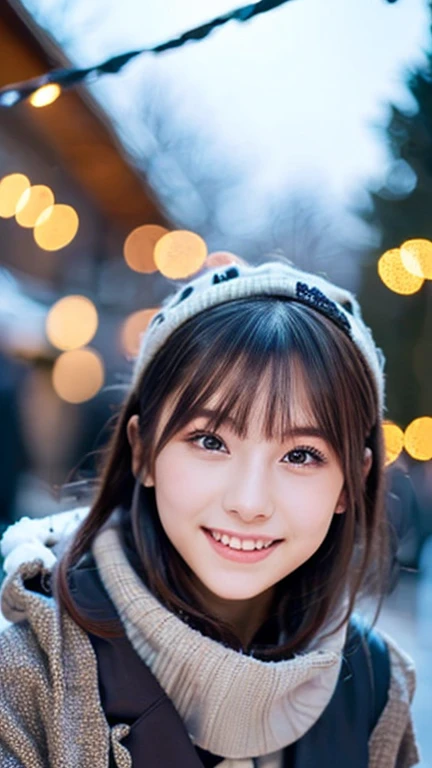 1 girl, (put on a coat:1.2), (RAW Photos, highest quality), (Realistic, Photorealistic:1.4), Tabletop, Very delicate and beautiful, Very detailed, 2k wallpaper, wonderful, finely, very detailed CG Unity 8k wallpaper, Very detailed, High resolution, Soft Light, Beautiful detailed girl, Very detailed目と顔, Beautiful and detailed nose, finely beautiful eyes, Cinema Lighting, Illuminations that light up the city on a snowy night, Snow Scene, that'it's snowing, Perfect Anatomy, tense air, Straight Long Hair, Looking at the audience, smile, Portopia Serial Murders, Disappearing into the Sea of Okhotsk, Tracking、Fluffy scarf、