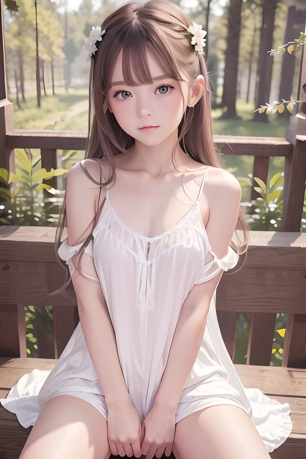 (masterpiece),( best quality:1.0), ( ultra high resolution with forest background:1.0),  Detailed Illustrations, 8k, It's because I'm young 、 white nightgown、 Spread Your Legs、 sexy、Angry expression、 clitoris、Cheeky、Thighs、、 、Droopy eyes、  straight hair、Shoulder length、1 girl、Beige Hair、Amber Eyes、