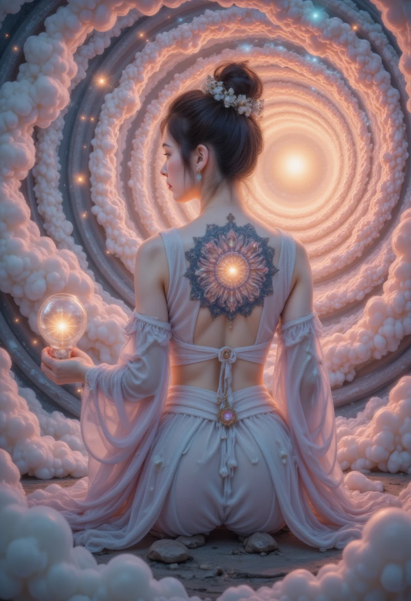 one lady， twilight ，Spiral Cloud，back，(Hyper-Reality:1.4)， sci-fi，Colored smoke，GGGJAAA  ,Costume styling ，  presents fluorescent skull glass  , A stunning 3D   Blurred foreground -style render of a beautiful woman with a mesmerizing mandala tattoo on her back.    The mandala has a complex   ,   colorful patterns  ，   blends traditional and modern design   .   This woman has a big ass   ,   Flowing black hair  ，   and wears a sleeveless transparent white top  ，   showing her toned shoulders   .        a sense of depth and dimension    ,   enhanced 3D effect   ., 3D Rendering,   Blurred foreground 
