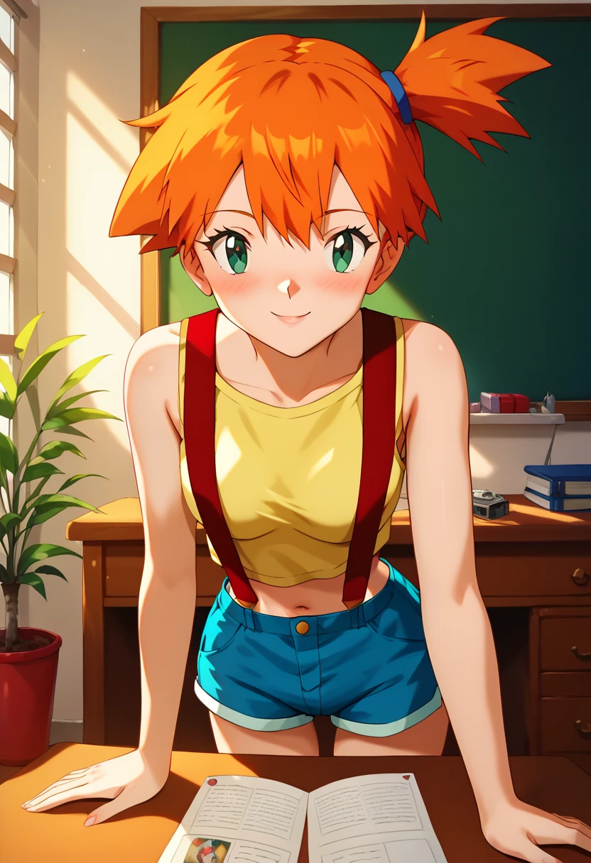  (anime style), (best writing), (beautiful face), (masterpiece), (highest quality), (detailed beautiful face and eyes), (textile shading), (cowboy shot), (bedroom), (nsfw:1.0), (nude), 1girl, solo, 1girl, Mit, green eyes, orange hair, bangs, side ponytail, hair tie, short hair, yellow shirt, sleeveless, midriff, red suspenders, blue shorts, red sneakers, small breasts, beautiful breasts, blush, seductive smile, bent over desk, visible butt 