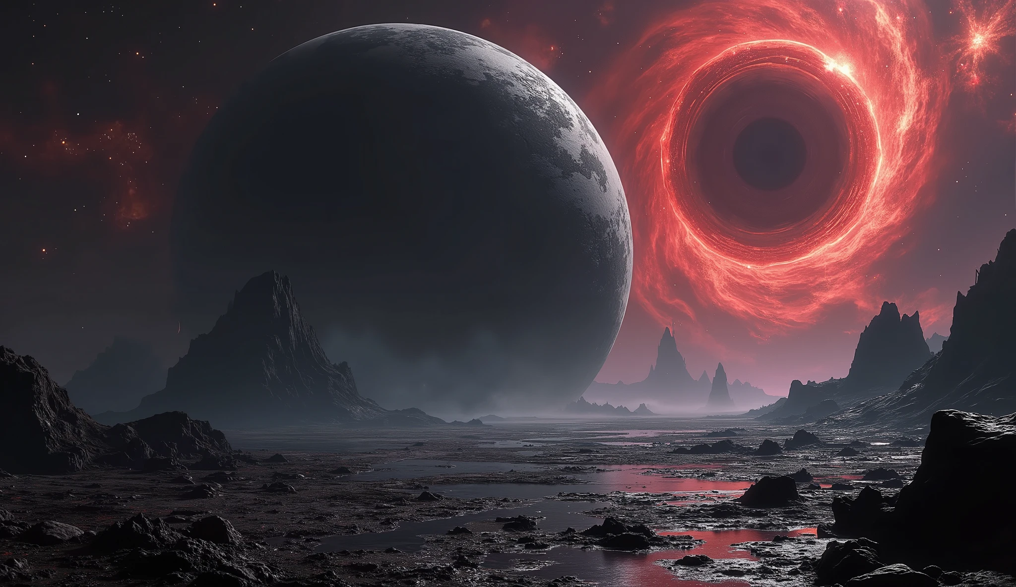 One giant dark planet in the galaxy, with strange red stars, with blackhole