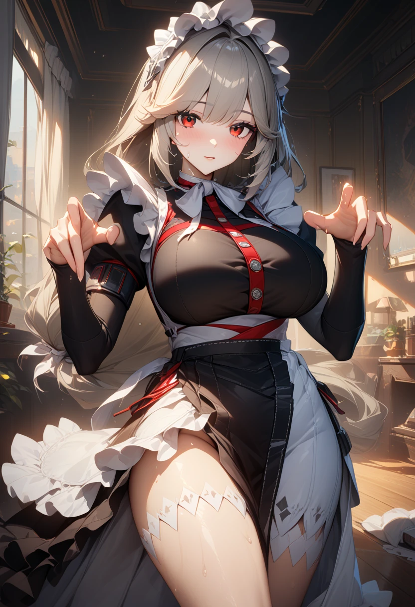 masterpiece,best quality,high resolution,8k,ultra HD,wallpaper,illustration,perfect face,cowboy shot,beautiful detailed eyes,extremely detailed face,perfect lighting,extremely detailed CG,perfect anatomy,perfect body,perfect hands,perfect fingers,1woman,full body,,muscle fighter body,(white cream long hair),red eyes,large breasts,Medium ass,,(black long maid dress with white long apron),,clothed,,collarbone,,looking at viewer,(),Steam,sweat, home,(Zenless Zone Zero character Alexandrina Sebastiane Rina),adult,