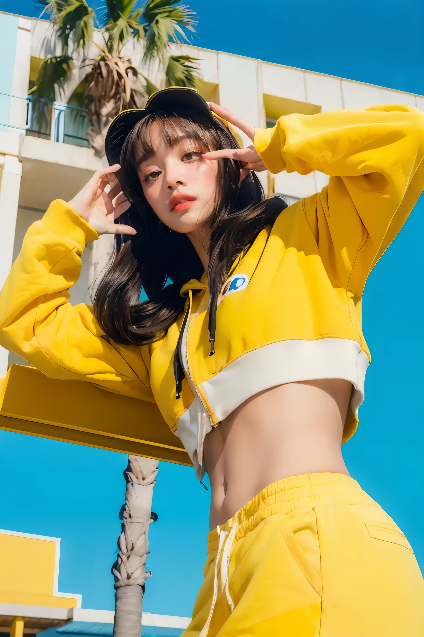 4K, real, charming, very detailed, There is a girl in the sky., Dressed aIn Power Rangers, you&#39;In Power Rangers., Super Hero Theme, green hair, 25 years old, whole body
