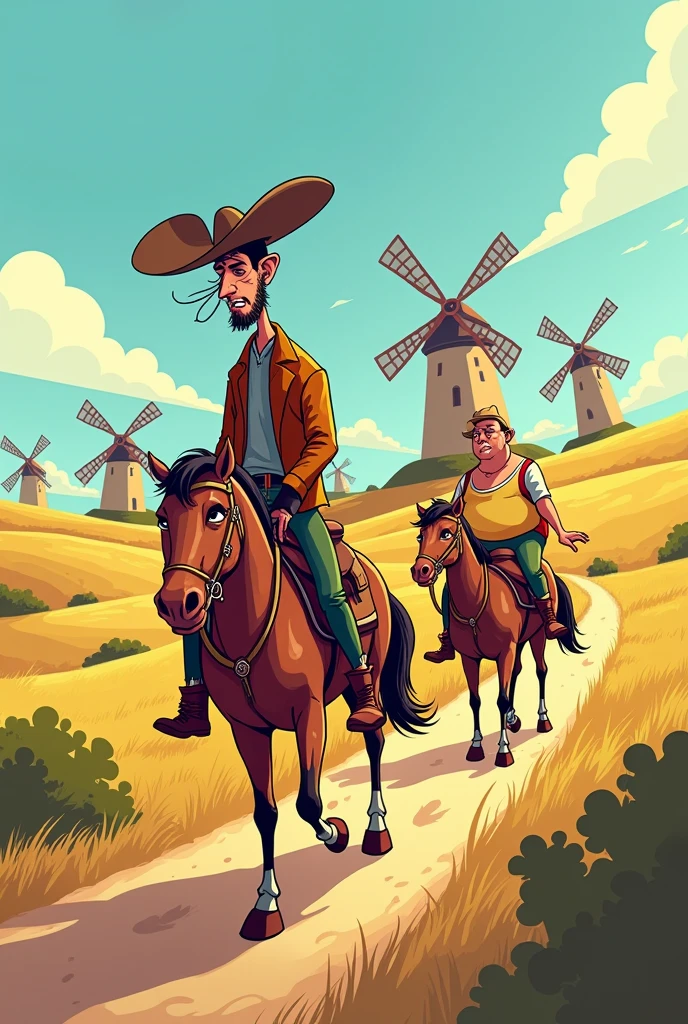 A POOR, THIN, SHIRTLESS GYPSY LAUGHING RIDING ON A HORSE WITH A SHORT, FAT MAN RUNNING BEHIND HIM.