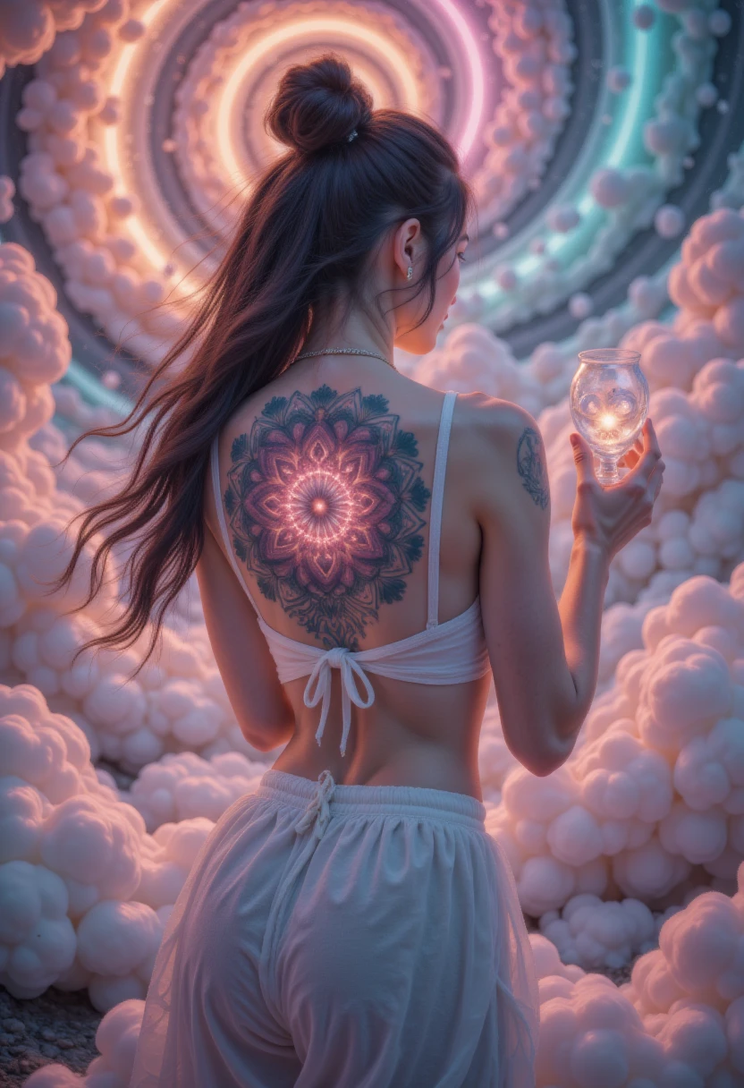 one lady， twilight ，Spiral Cloud，back，(Hyper-Reality:1.4)， sci-fi，Colored smoke，GGGJAAA  ,Costume styling ，  presents fluorescent skull glass  , A stunning 3D   Blurred foreground -style render of a beautiful woman with a mesmerizing mandala tattoo on her back.    The mandala has a complex   ,   colorful patterns  ，   blends traditional and modern design   .   This woman has a big ass   ,   Flowing black hair  ，   and wears a sleeveless transparent white top  ，   showing her toned shoulders   .        a sense of depth and dimension    ,   enhanced 3D effect   ., 3D Rendering,   Blurred foreground 
