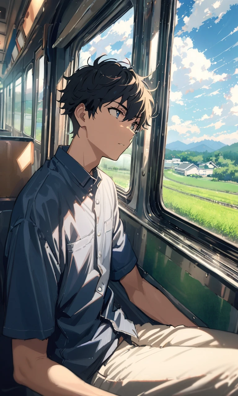 (masterpiece), best quality, Teenage boy, GHIBSKY style, GHIBSKY style painting, siting in train looking at window, country side, Japan, beautiful weather