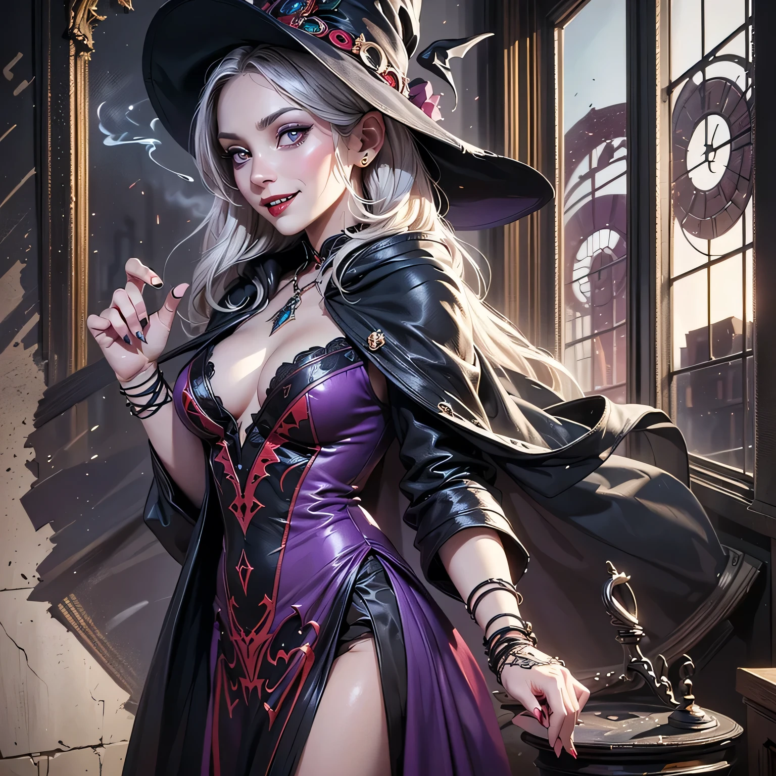 ((Magister、beautiful woman holding a cane))Ultra-realistic details、An ultra-high picture quality、8K、3d rendered、Sexy costume with wide open chest、Fighting monsters、real-time、cast a spell on monsters、(Beautuful Women:0.8)、