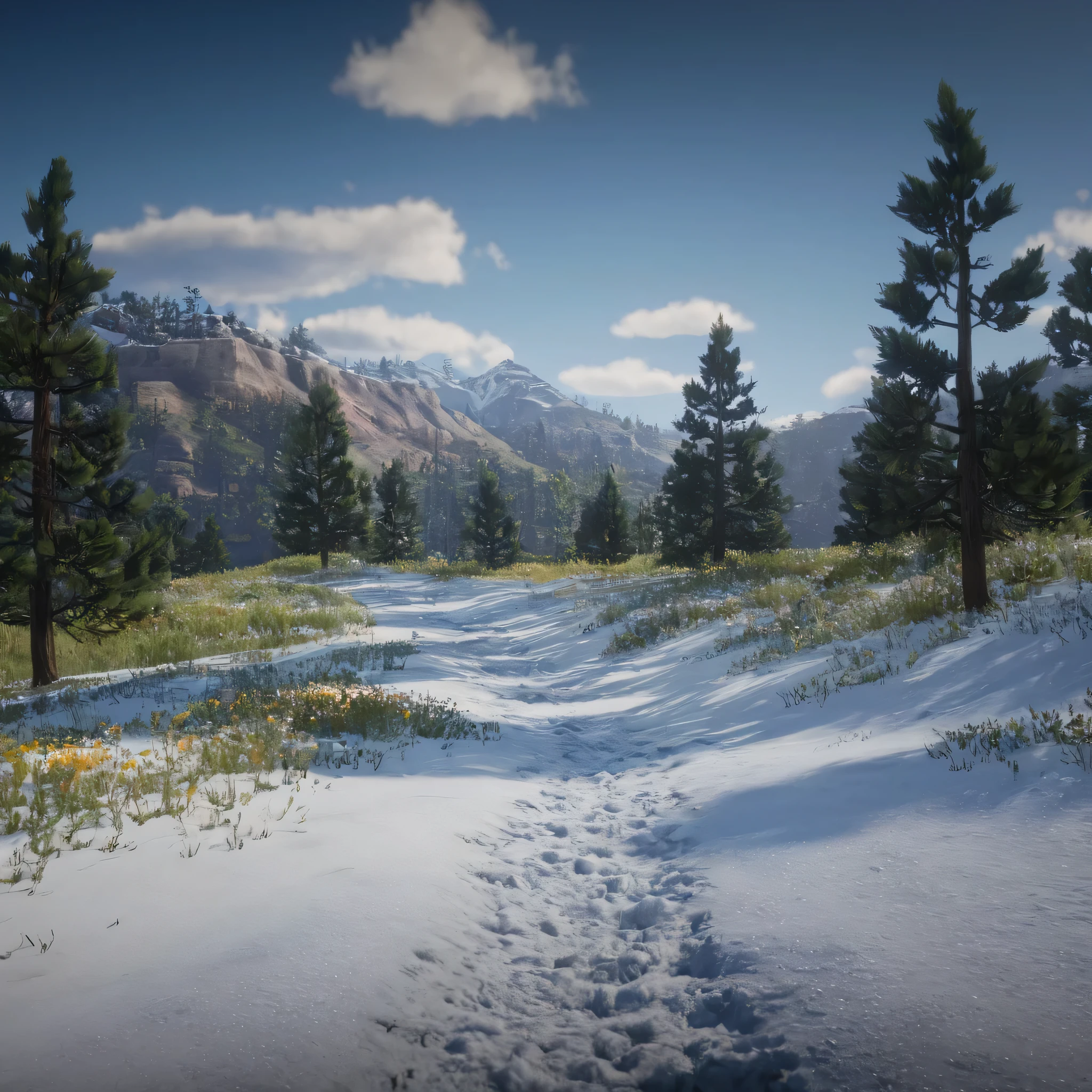 cinematic film still of cinematic no people,  really pretty view of somewhere in red dead redemption game  deep snow ,with snow ,pathway ,wildflowers , outdoors,sky,cloud,tree,grass,ground,wildflowers, epic, Western, adventures, outlaw, Red Dead, Western United States, wild west,  Open world, 1900's, realistic, cinematic, film look, dramatic light, partially covered in shadows, gang, Western-themed action-adventure, Red Dead Redemption style, shallow depth of field, vignette, highly detailed, high budget, bokeh, cinemascope, moody, epic, gorgeous, film grain, grainy